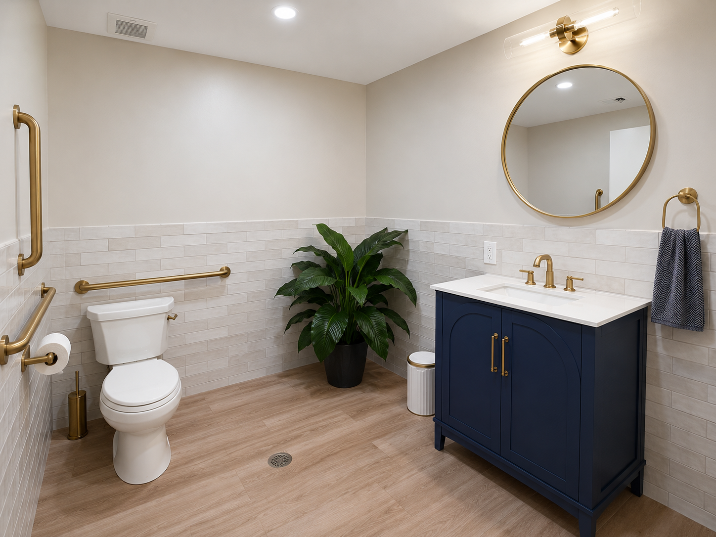 Bathroom with gold round mirror, brass sconce, and white subway tile wainscoting