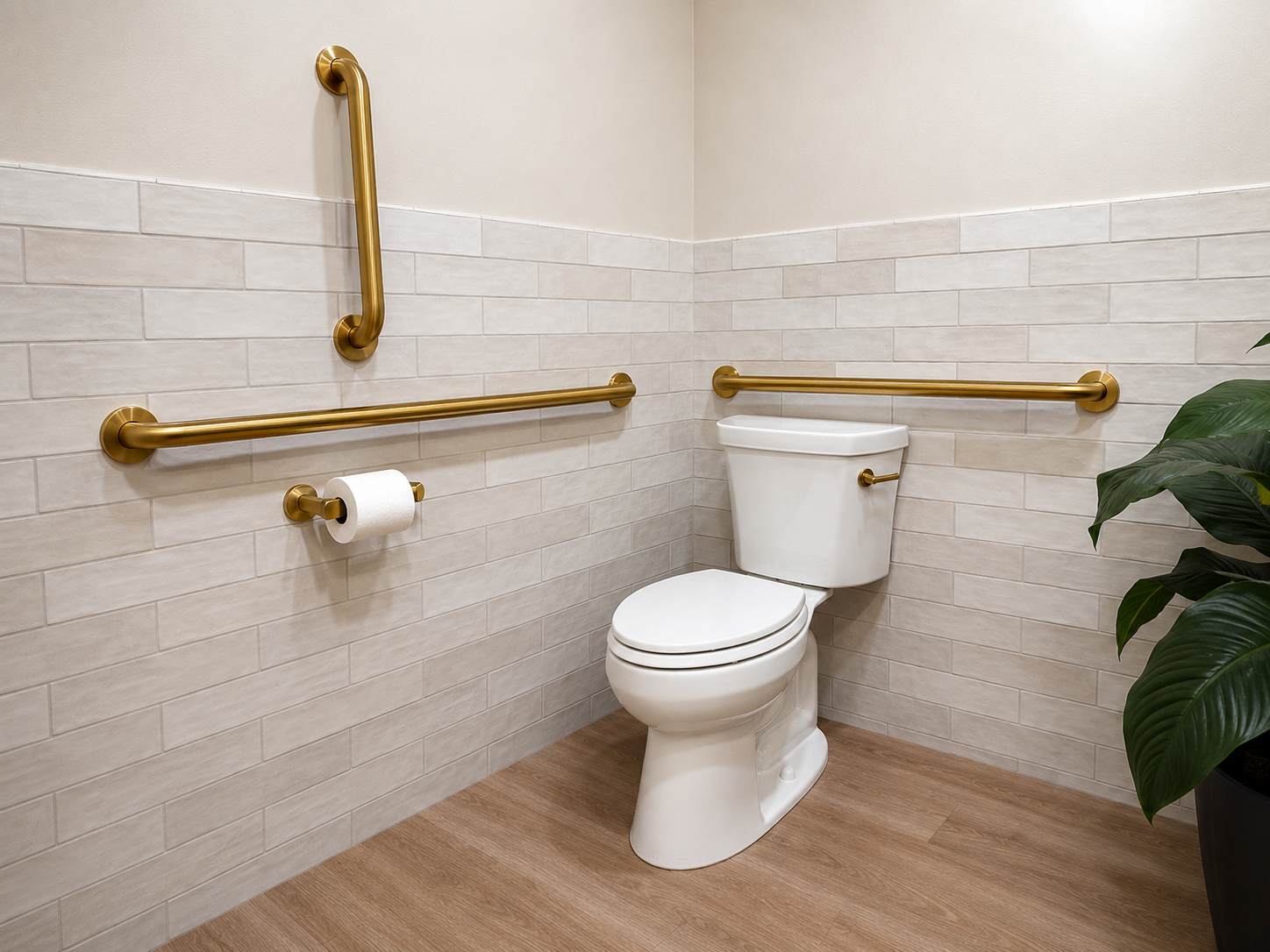 Close-up of brass grab bar and toilet paper holder on white subway tile