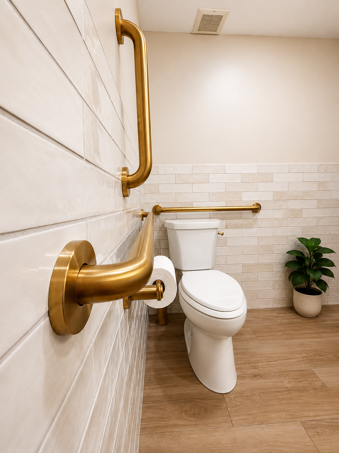 Full bathroom with navy vanity, gold mirror, grab bar, and wood-look flooring