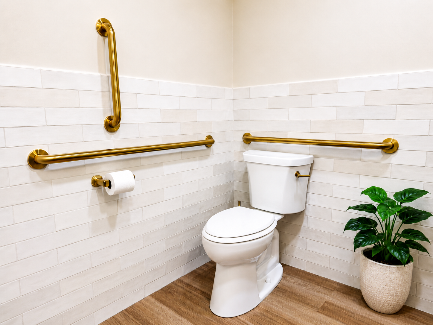 Spacious ADA bathroom with navy vanity, gold fixtures, and round mirror