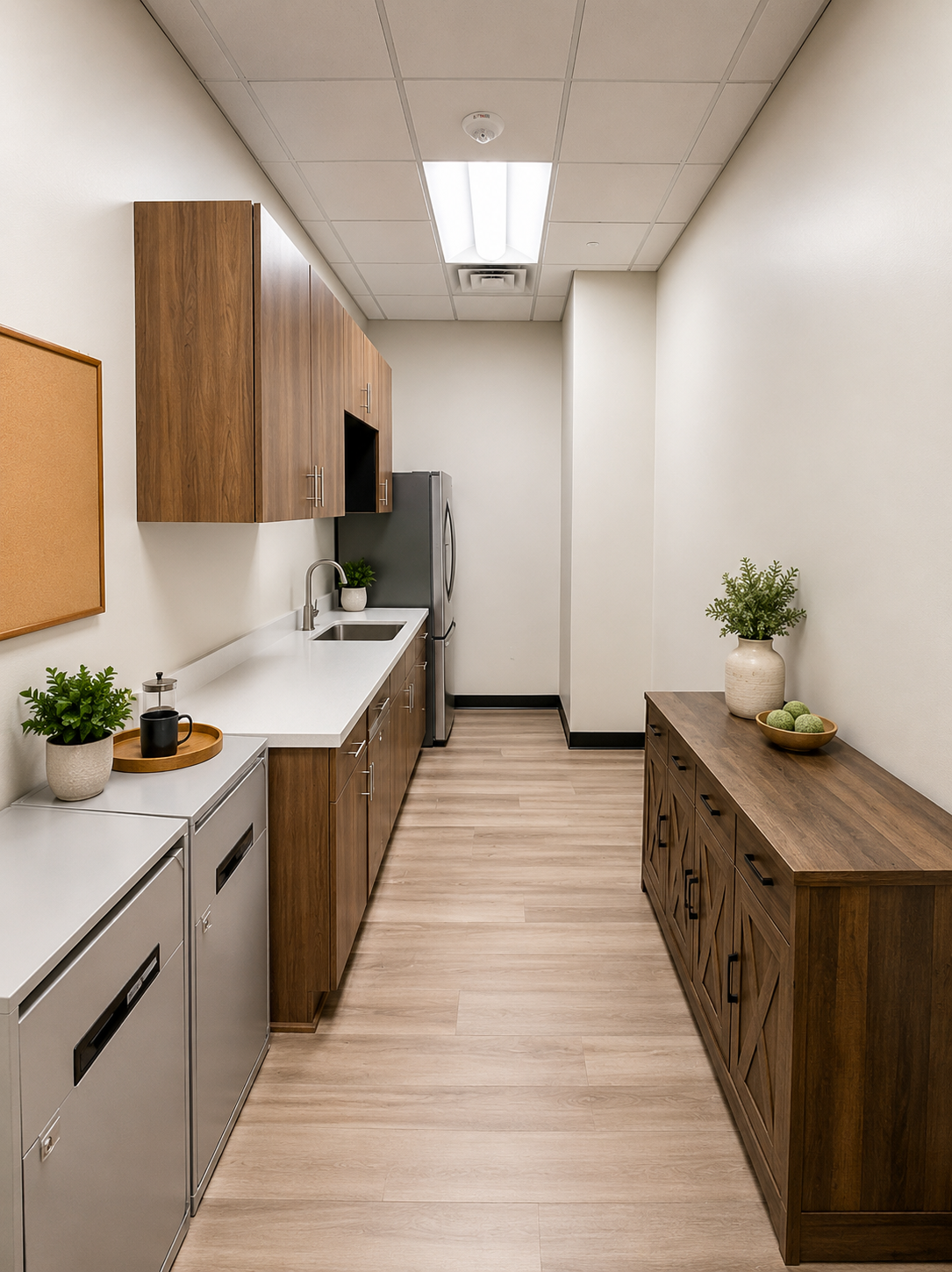 Modern office breakroom with warm wood cabinetry, white countertops, and stainless appliances
