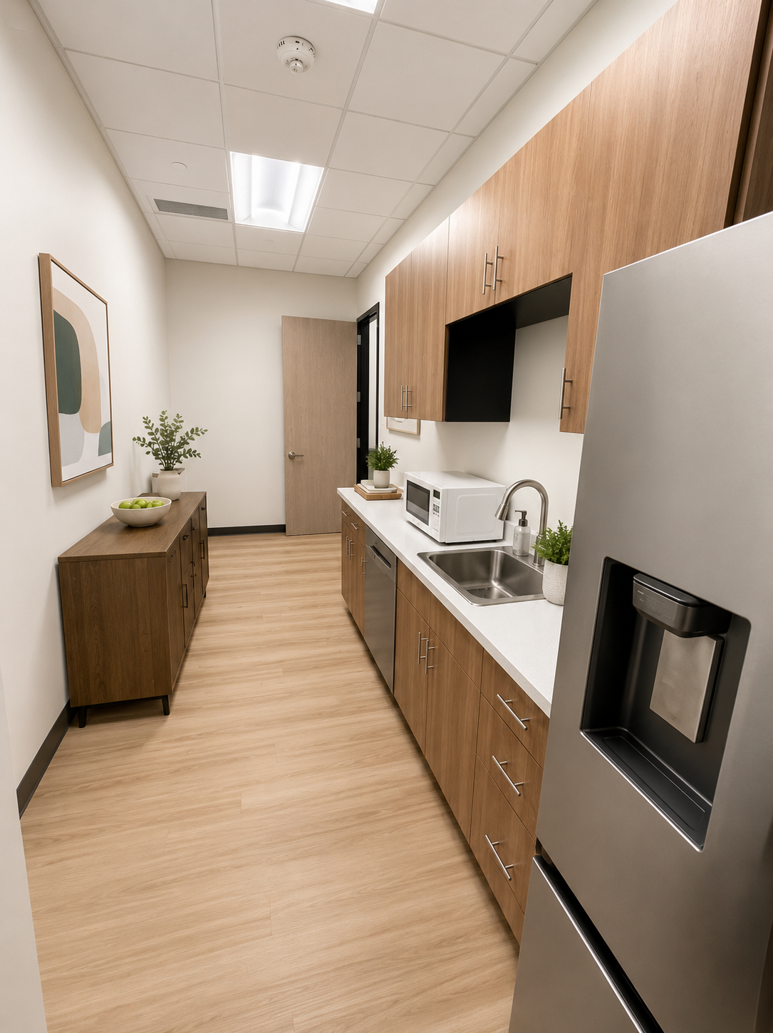 Breakroom galley kitchen with wood cabinetry, skylight, and stainless refrigerator
