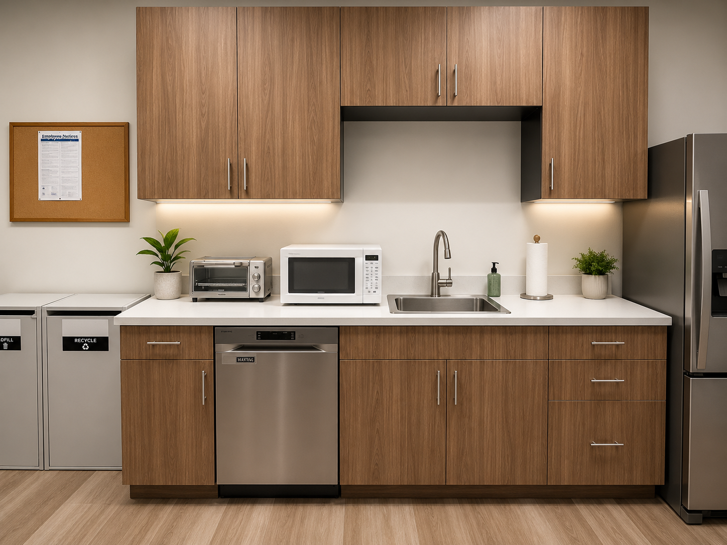 Breakroom counter with under-cabinet lighting, microwave, dishwasher, and cork board