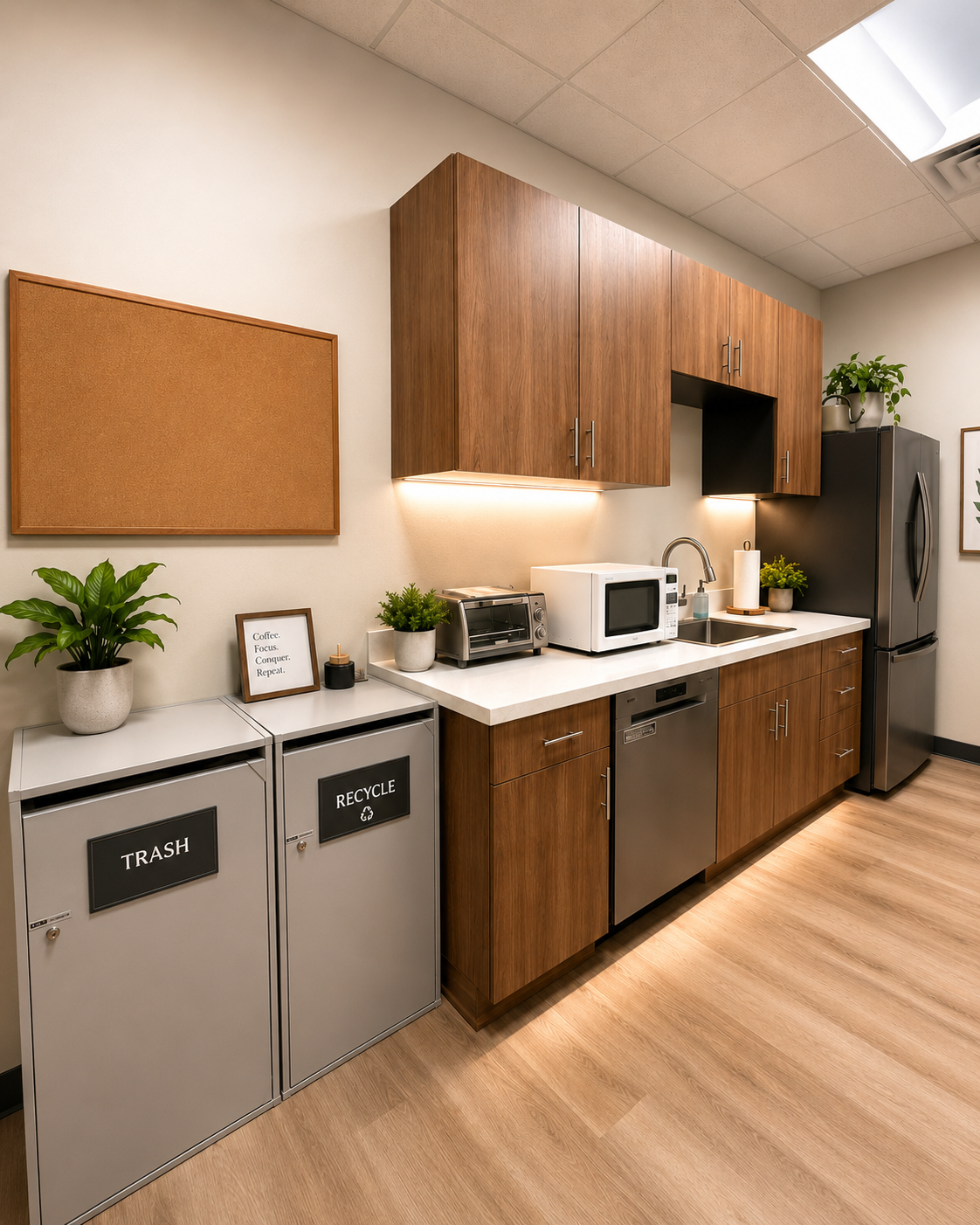 Breakroom with trash and recycle stations, wood cabinetry, and under-cabinet lighting
