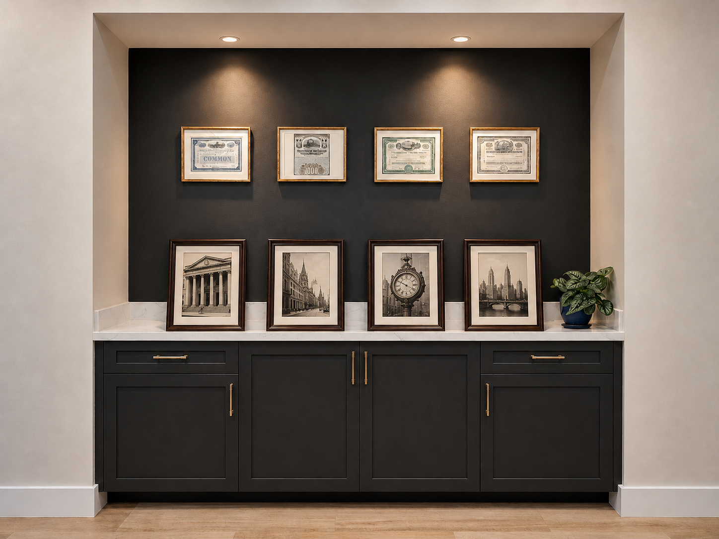 AMGC monogram letter art on dark cabinetry wall with white marble countertop and brass hardware