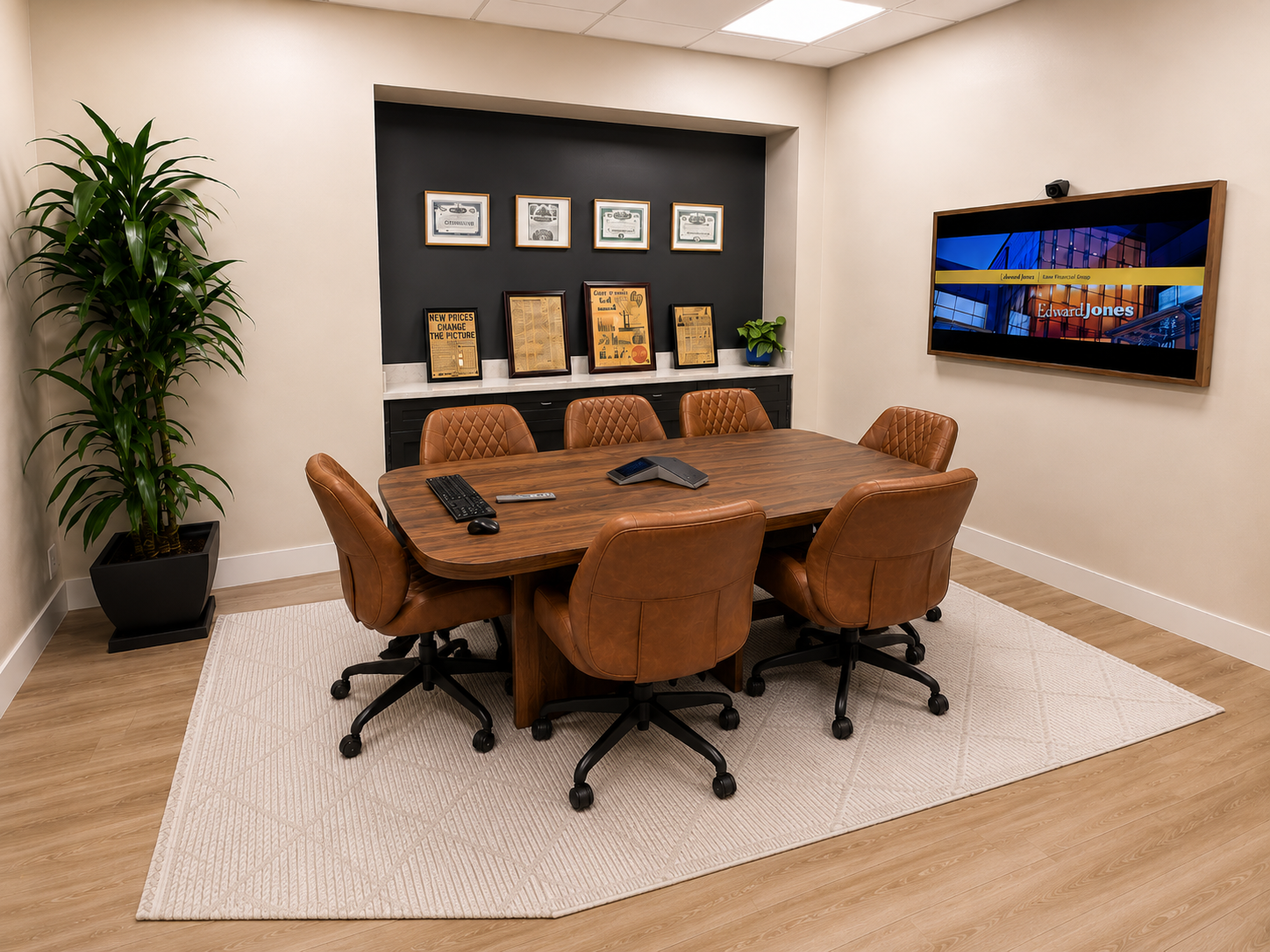Edward Jones conference room with walnut table, leather chairs, AMGC letter art, and branded TV display