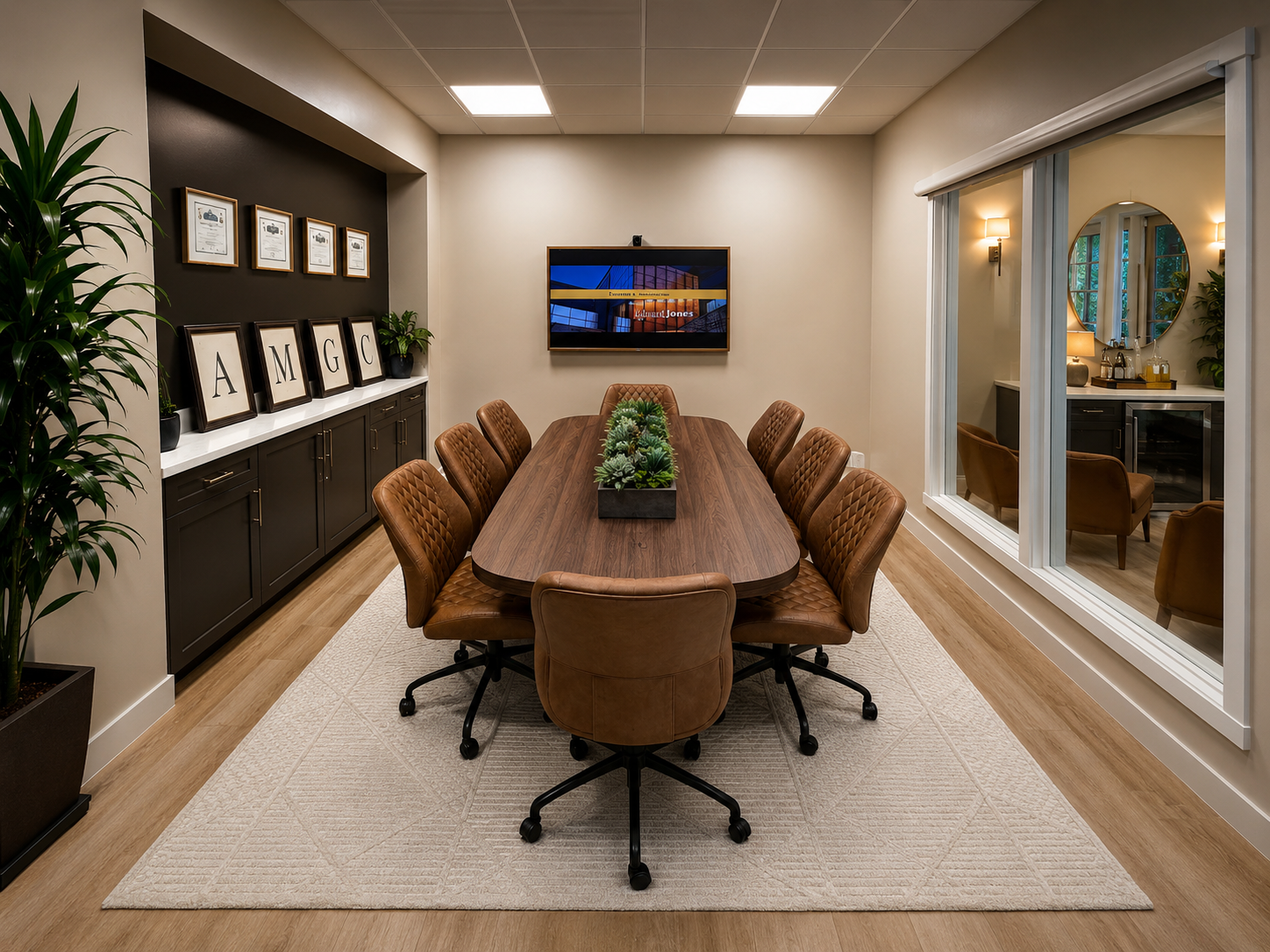 AMGC branded conference room niche with dark cabinetry, marble countertop, and architectural blueprint prints