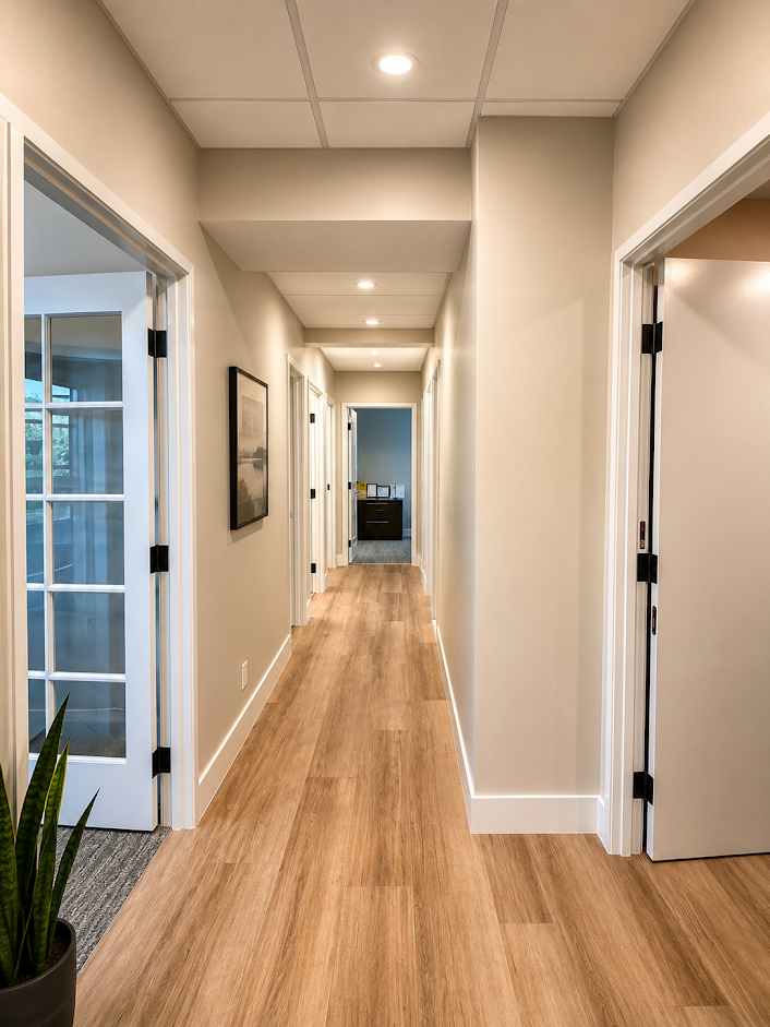 Modern office hallway with warm wood flooring, white trim, and skylight