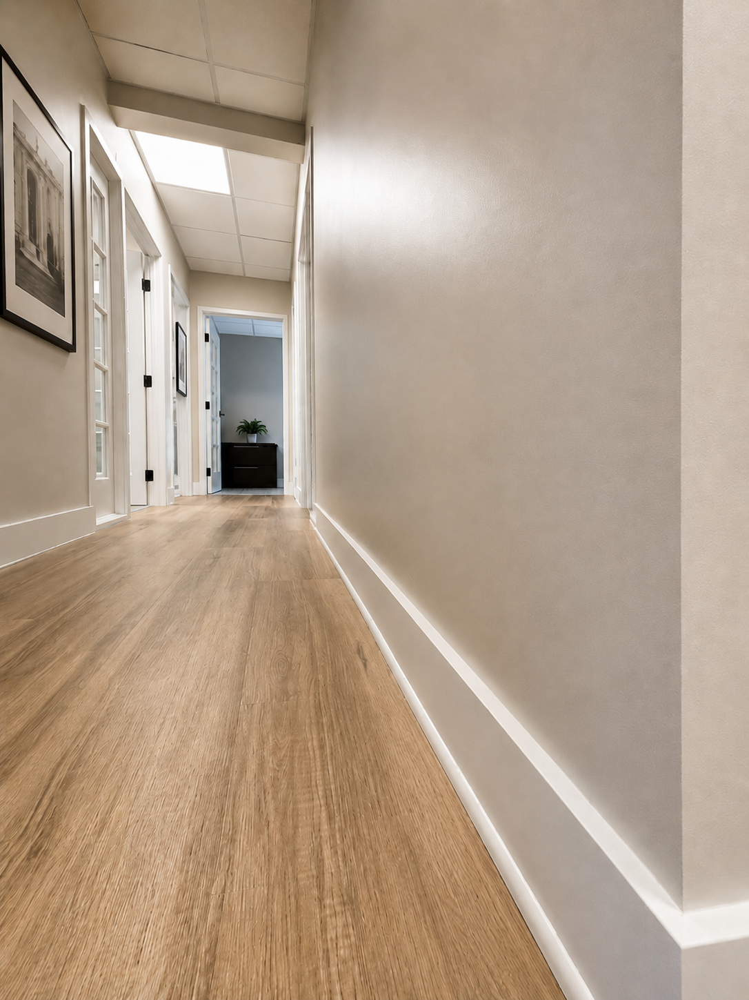 Hallway with recessed lighting, framed art, and wood flooring leading to office