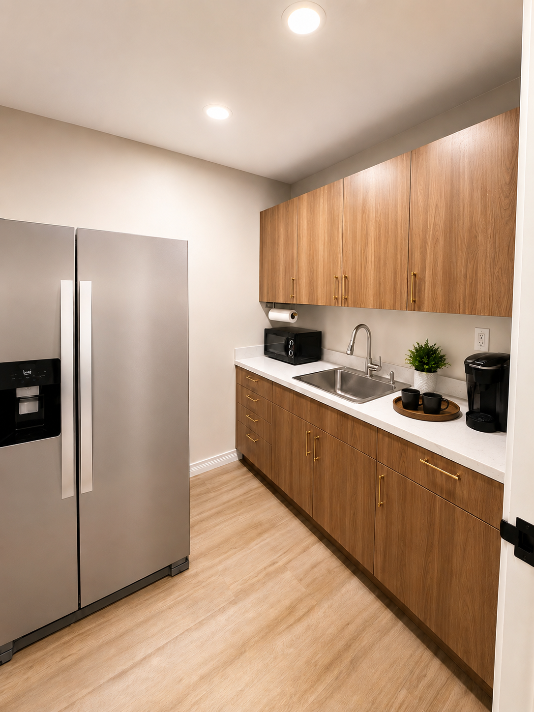 Fire extinguisher cabinet recessed into hallway wall