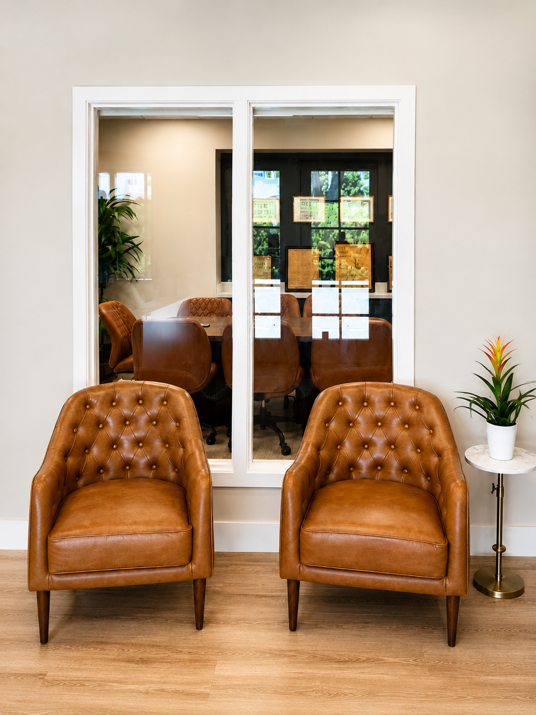 Lobby entrance with leather chairs and glass sidelights