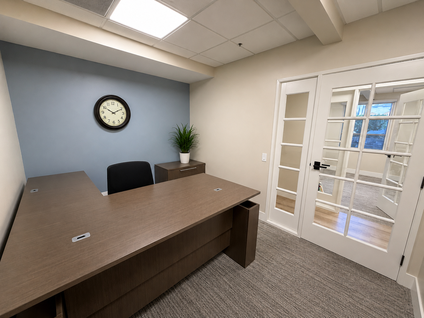 AMGC completed office interior with blue accent wall and wood desk