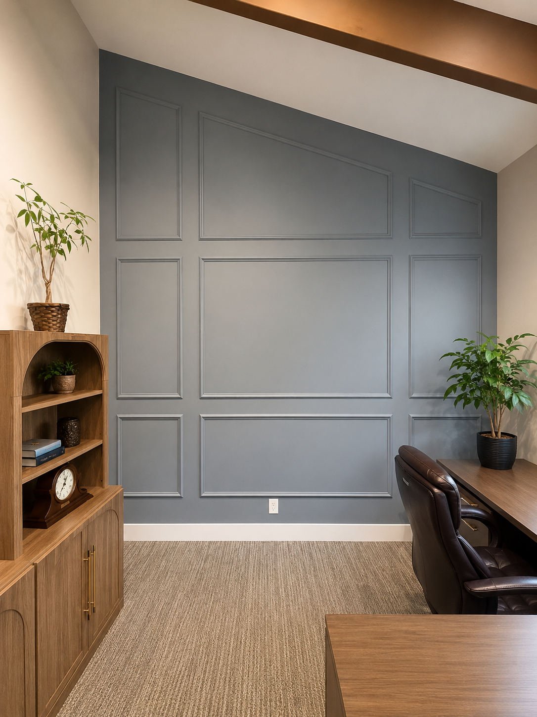 Office interior with custom paneled wall detail