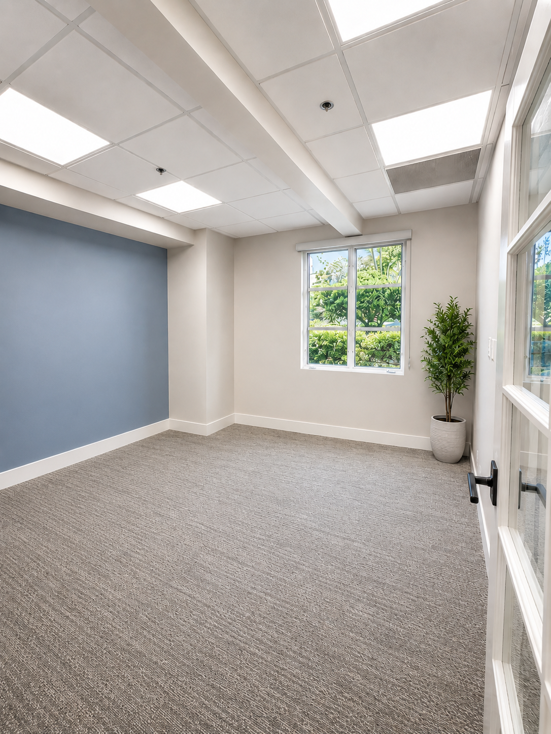 Bright open office space with skylights and blue accent wall